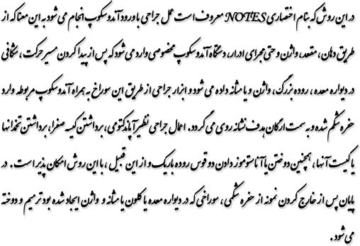در این روش که بنام اختصاری NOTES معروف است عمل جراحی ابتداءً با ورود آندوسکوپ انجام می شود به این معنا که از طریق دهان ، مقعد ، واژن و حتی مجرای ادرار، دستگاه آندوسکوپ مخصوصي وارد می شود که پس از پیدا کردن مسیر حرکت ، شکافی در دیواره معده ، روده بزرگ ، واژن و یا مثانه داده می شود و ابزار جراحی از طریق این سوراخ بهمراه آندوسکوپ مربوطه وارد حفره شکم شده و به سمت ارگان هدف نشانه روی می گردد. اعمال جراحی نظیر آپاندکتومی ، برداشتن کیسه صفرا ، برداشتن تخمدانها یا کیست آنها ، همچنین دوختن یا آناستوموز دادن دو قوس روده باریک و از این قبیل ، با این روش امکان پذیر است . در پایان پس از خارج کردن نمونه از حفره شکمی ، سوراخی که در دیواره معده یا روده بزرگ یا مثانه و واژن ایجاد شده بود ترمیم و دوخته می شود.