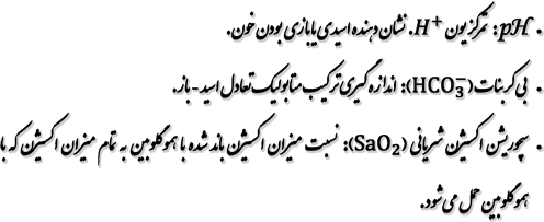 	:pH تمركز يون .H^+ نشان دهنده اسيدي يا بازي بودن خون. 	بي كربنات (HCO_3^-): اندازه گيري تركيب متابوليك تعادل اسيد - باز. 	سچوريشن اكسيژن شرياني (SaO_2): نسبت ميزان اكسيژن باند شده با هموگلوبين به تمام ميزان اكسيژن كه با هموگلوبين حمل مي شود.