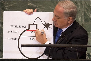 بنیامین نتانیاهو در حال نمایش نمودار بمب کارتونی!
