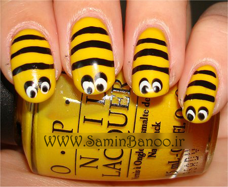آموزش مانیکور ناخن زنبوری زرد و مشکی bumble-nail-art-tutorial-bee-nails