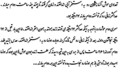 تعدادی موش آزمایشگاهی رو به استخر آبی انداختند و زمان گرفتند تا ببینند چند ساعت دوام میارند.  حداکثر زمانی رو که تونستند دوام بیارند ۱۷ دقیقه بود. سری دوم موشها رو با توجه به اینکه حداکثر ۱۷ دقیقه می تونند زنده بمونند به همون استخر انداختند. اما این بار قبل از ۱۷ دقیقه نجاتشون دادند. بعد از اینکه زمانی رو نفس تازه کردند دوباره اونها رو به استخر انداختند. حدس بزنید چقدر دوام آوردند؟ ۲۶ ساعت! پس از بررسی به این نتیجه رسیدند که علت زنده بودن موش ها این بوده که اونها امیدوار بودند تا دستی باز هم اونها رو نجات بده و تونستند این همه دوام بیارند ...