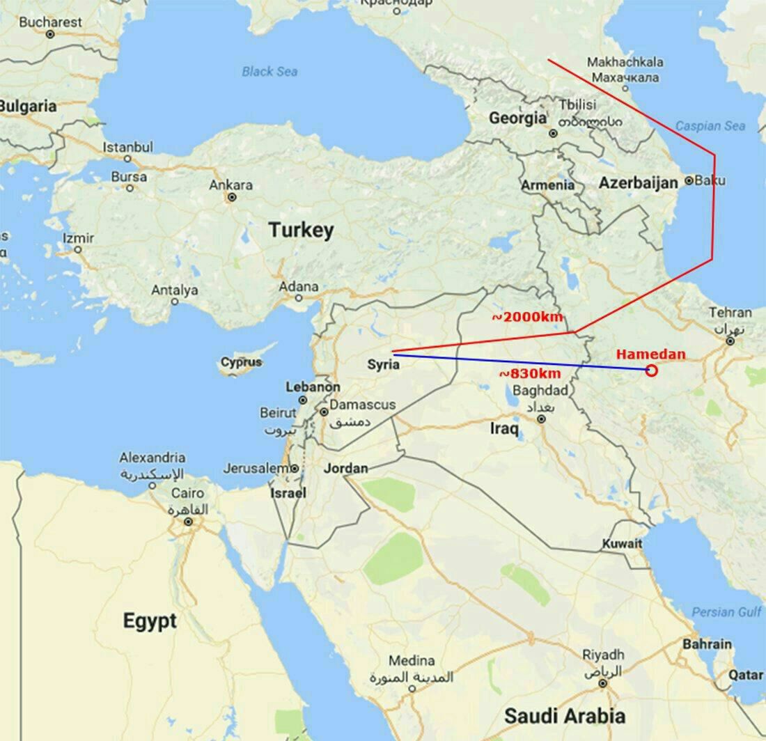مسیر پرواز جنگنده های روسی از ایران به سمت بمباران مواضع تروریست ها در سوریه